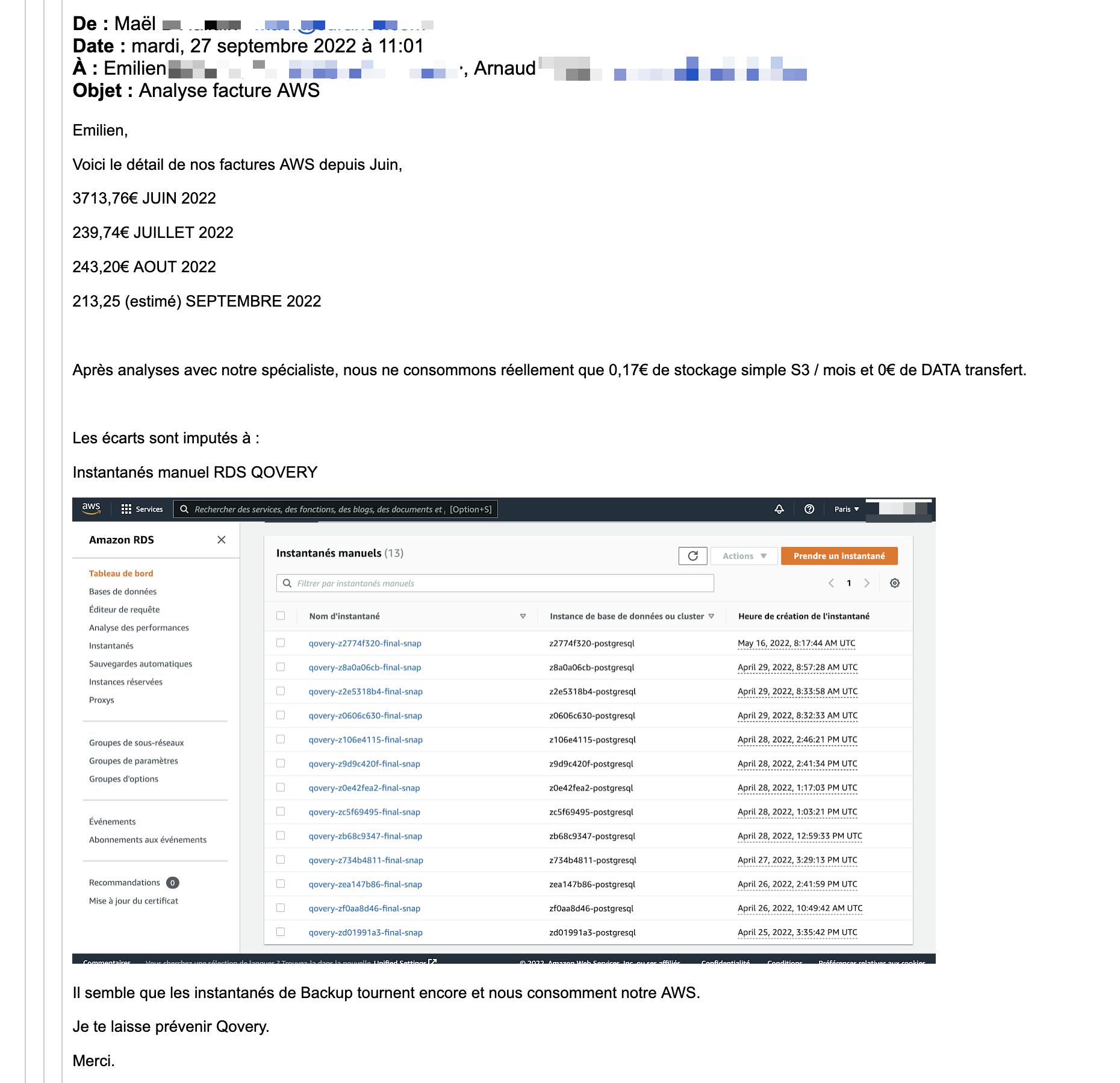 Email from the customer (in French) explaining that they are some extra costs on RDS implied by Qovery