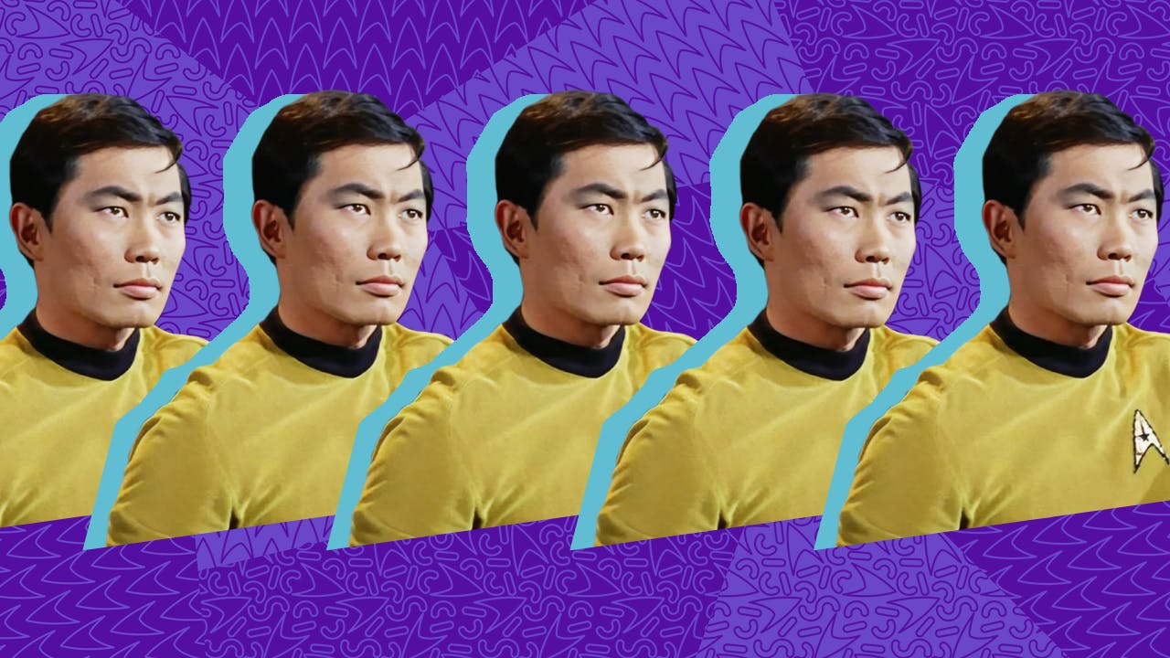 Graphic spotlighting an image of George Takei's Hikaru Sulu stylized with a blue outlined, and layered on top of each other