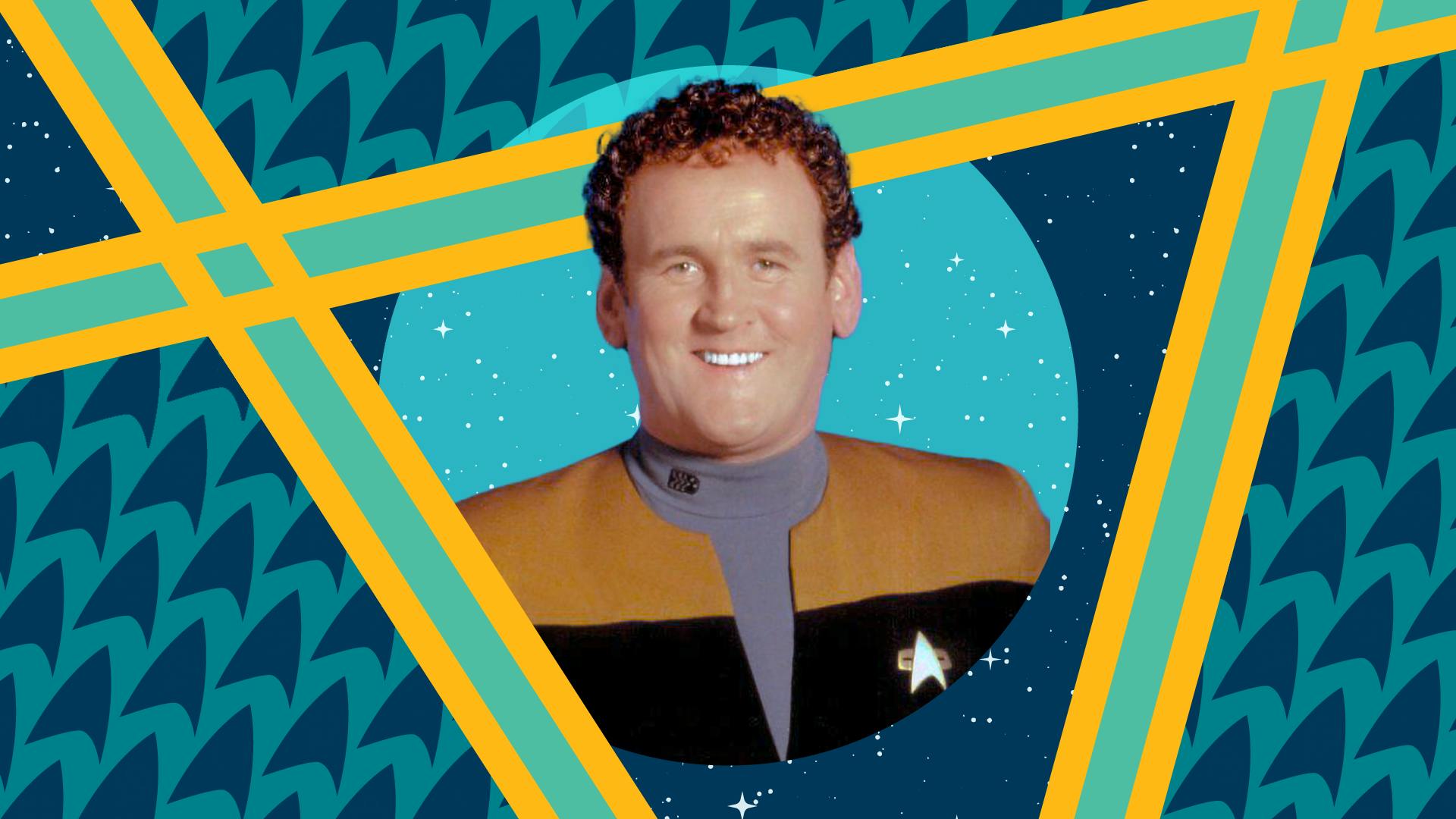 Promotional photo of Colm Meaney as Miles O'Brien on an illustrated background featuring the Starfleet Delta